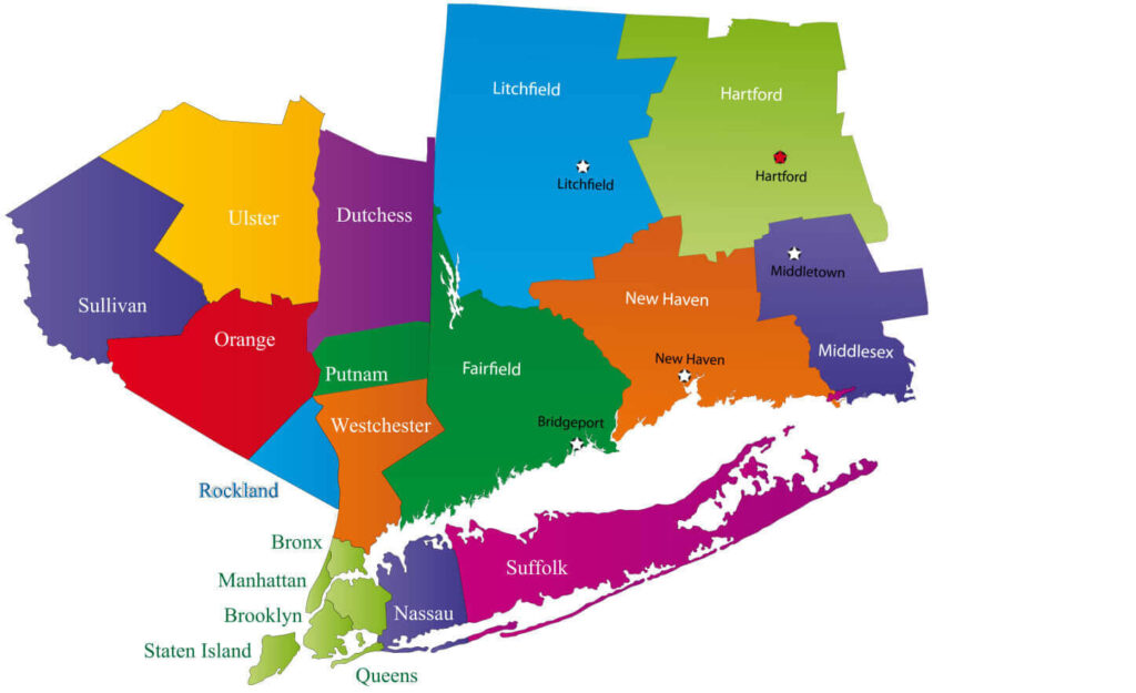 A colorful map that includes the counties Sage Home Care serves in Connecticut and New York